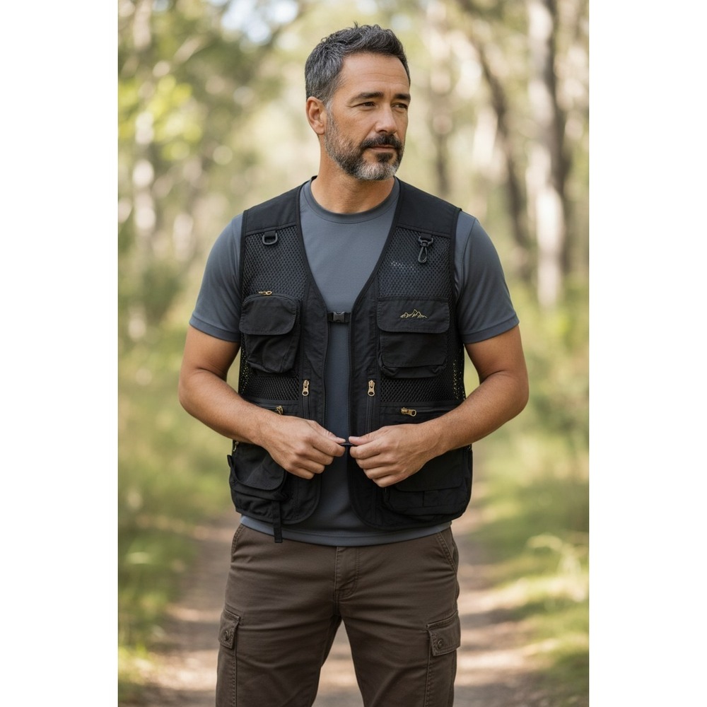 Outdoor Multi Pocket Utility Fishing Vest Black Mesh Zip Tactical L Mens L 40-42
